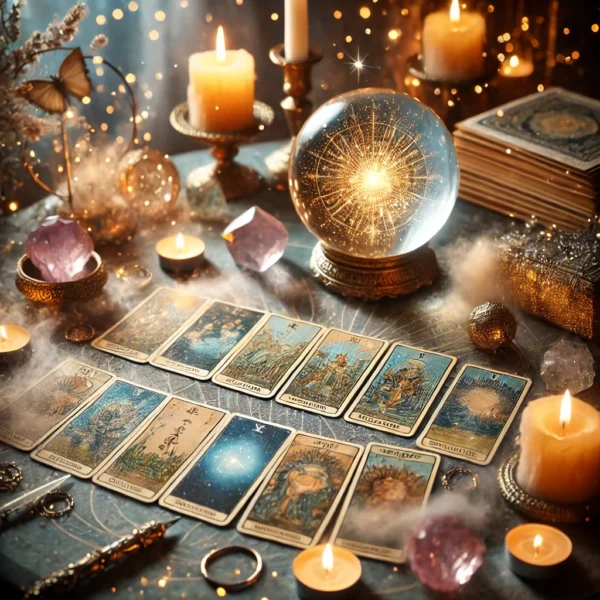 DALL·E 2024-11-21 10.48.03 - A mystical horizontal image representing tarot reading for answering questions. The scene includes a beautifully arranged set of tarot cards laid out