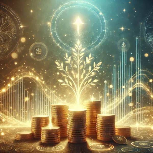 DALL·E 2024-11-21 11.07.27 - A mystical horizontal image representing financial magic and business success. The scene features glowing golden coins surrounded by sparkling energy