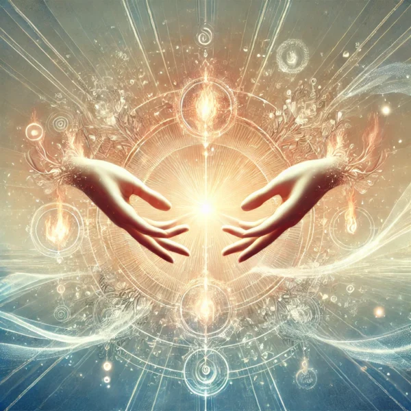 DALL·E 2024-11-21 11.09.37 - A mystical horizontal image representing energetic cleansing and curse removal. The scene features glowing hands surrounded by radiant light and swirl